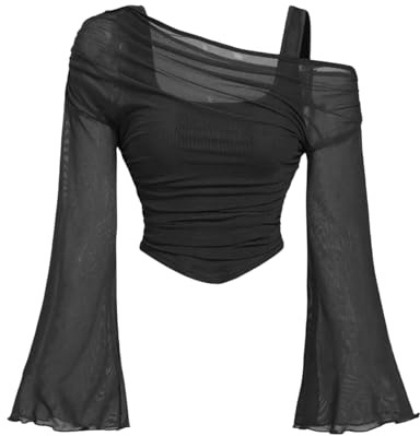 Generico Camicetta Donna Elegante, Maglietta in Rete Maniche Lunghe Spalle Scoperte, Crop Top Asimmetrico con Spalline, Blusa Trasparente Spalle Scoperte, Magliette Maniche a Campana con Volant