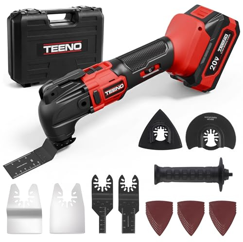 Strumento multifunzione oscillante senza fili 20 V, Brushless strumento multifunzione senza fili con 6 velocità, 1 batteria da 4,0 A, 8500 – 21000 giri/min, caricabatterie, angolo oscillante 4°, per