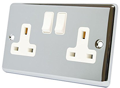 AET CPC2GSOCWH Polished Chrome Classical 2 Gang White Insert Plastic Rocker Switches-13 Amp Double Plug Socket, Pack of 1