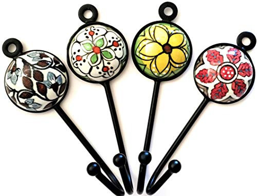 French Furniture Fittings Set of 4 Mixed Ceramic Hooks, Vintage Shabby Chic Coat, Clothes, Jewelry and Key Hangers for Wall or Door