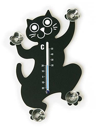 HAB & GUT -TG004- Thermomètre de fenêtre chat noir de métal, 17 cm avec 4 ventouses puissantes