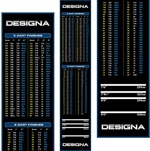 Designa Darts MAT24 Dartmatte, rutschfest, mit Checkout-Design, schmal, blau, 290 x 60 cm