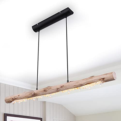 bmf-versand LED Hängelampe 3-Stufen-Dimmbar Memoryfunktion aus Metall Holz Acrylkristalle für Wohnzimmer inkl Pflegetuch – Pendellampe Holzbalken Esstisch – Hängeleuchte Esszimmer