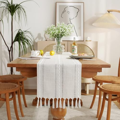 Wracra Camino de Mesa de Algodón con Tejido Calado, Estilo Campesino Marfil Camino de Mesa de 180cm de Largo con Borlas para Decoración de Mesas de Comedor, Cocina y Postres (Marfil, 180cm)