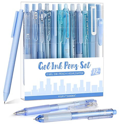 Four Candies Gelstifte, Schwarz & Blauer Gelschreiber mit Textmarker, Gel Pens Aesthetic School Stuff, Schulsachen Set mit 12 Stiften - Ozean Serie