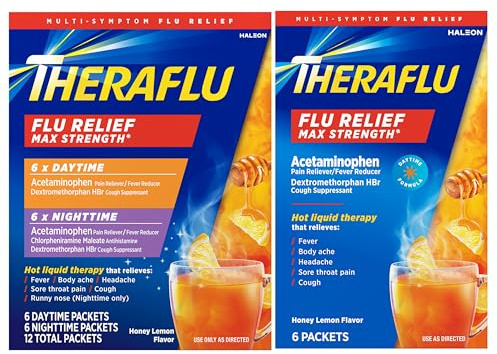 Theraflu Max Strength Daytime & Nighttime Flu Symptom Relief Honey Lemon Flavor Powder & Daytime Flu Symptom Relief Honey Lemon Powder, 6 Daytime + 6 Nighttime, & 6 Honey Lemon Flavor Powder Packets