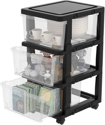 Cetomo Clearview Kunststoff 3 Aufbewahrungsschubladen, Aufbewahrungsschubladenwagen mit 4 Rollen für Zuhause, Schrank, Schlafzimmer, Bad, Büro, Wäscherei, Küche und Schulschlafsaal, schwarz, 1er Set