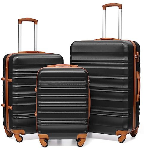 COOLIFE Hartschalen-Koffer Trolley Rollkoffer Reisekoffer mit TSA-Schloss und 4 Rollen (Schwarz/Braun, Koffer-Set)