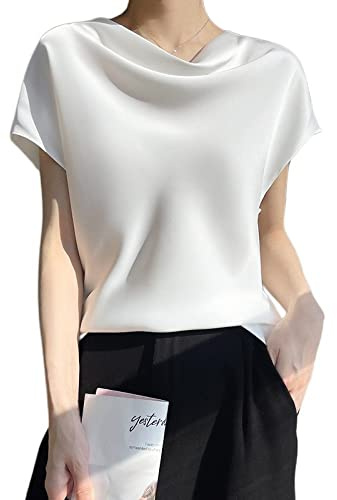 Chemise Femme Chic Et Élégant, Chemisier en Satin pour Femme Été Élégant Solide Pull À Col Bénitier Chemises Tops Mode Manches Courtes Tunique Tops Casual Blouses De Travail en Soie T-Shirts