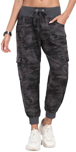JINSHI Pantaloni da Trekking Donna Cargo Pantalone Lungo Sportivo Leggero Lavoro Jogging Pant con Tasche Grigio Mimetico XL