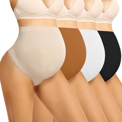 Boguish Umstandsunterwäsche Tanga über dem Bauch – Schwangerschafts-Shapewear über Bauch Unterstützung Nahtlose Schwangere Höschen für Frauen, Schwarz/Hautfarben/Weiß/Kaffee, S