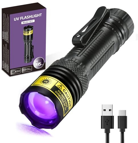 DARKDAWN UV Torcia 395nm Luce Nera, Mini & Potenti USB-C LED Ricaricabili Woods Lampada, Portatile Regolabile Torce Nere Torce per Vetro Uranio, Denaro, Pet Urine Stains