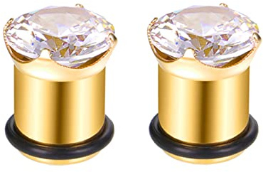 Calefee 2 PCS Piercing Oreille Tunnel Plug Ecarteur pour Homme, Ecarteur Oreilles Anneau en Acier Inoxydable avec Zirconium O-ring Tunnels de Chair Or 10mm