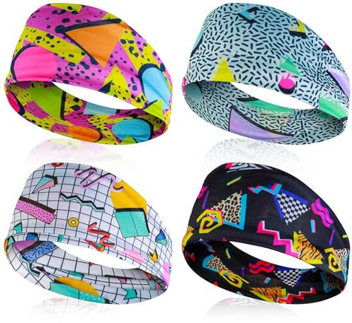 Mabor - 4 diademas de neón con estampado retro, pañuelos para la cabeza, bandana de neón de los años 80, diadema elástica, accesorios de entrenamiento, fitness, yoga, deportes, fiestas, accesorios