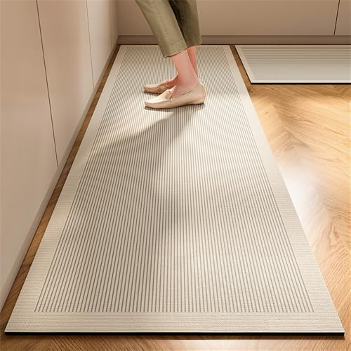 Highdi Alfombra Cocina Absorbentes,Alfombra Cocina Lavable Antideslizante, Patrón de Línea Secado Rápido Alfombra de Cocina, Diatomita Alfombra Baño Alfombrilla Escurreplatos (Beige,50x120cm)