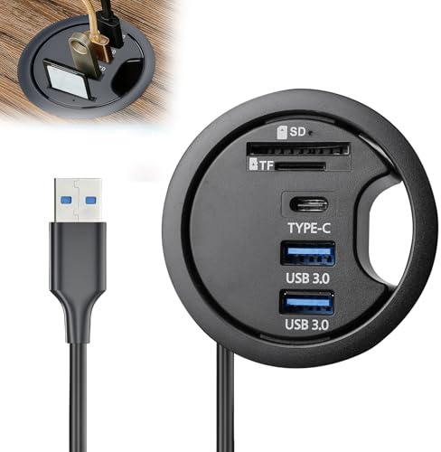 USB 3.0-hubb med SD/TF-kortläsare, 60 mm skrivbordsspip, dockstation med Type-C och 2 USBA-portar, inbyggd hubb för stationär dator, skrivbordsmatning USB-hubb för PC, bärbar dator, bildskärm, ljud