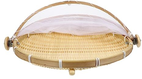 MUELODSIC Cesta De Bambú Artesanal con Tapa De Gasa Protectora Cesta De Almacenamiento Rural para Alimentos y Decoración del Hogar De Multiusos para Cocina y Picnic