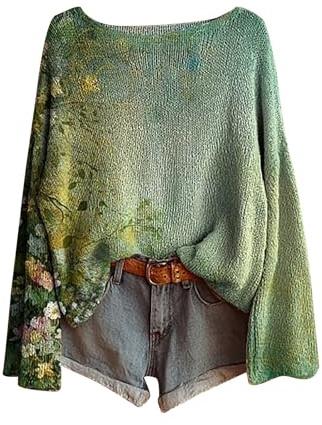 pullover damen winter elegant,Boho Vintage Rundhals Strickpullover Damen Herbst Winter Casual Langarmshirt Floral Print Bequem Oberteil Bluse trendiger Übergröße Strickwaren Pullover für Frauen