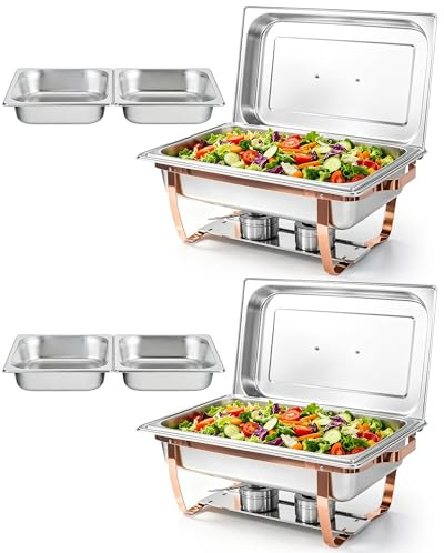 Set completo di scaldavivande per buffet, confezione da 2 scaldavivande rotondi in acciaio inox, per feste in casa, riunioni di Natale, catering, eventi (argento e oro 2)