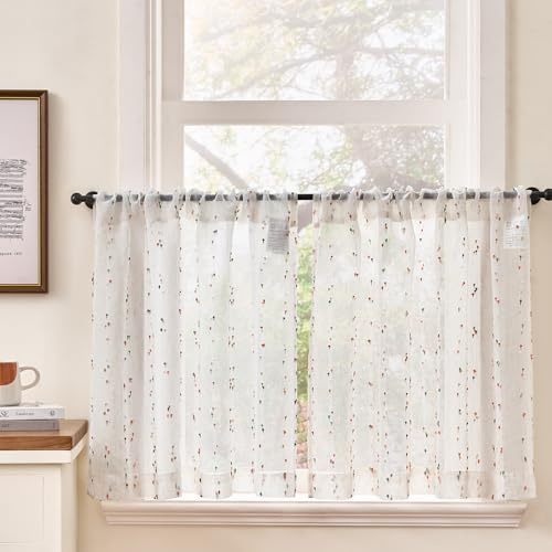 TOPICK Skivgardiner uppsättning av 2 bistrogardiner med prickar linne lantlig stil boho kort gardin halvtransparent, H 60 x B 90 (cm) linneutseende gardiner med dragsko köksgardin vardagsrum röd