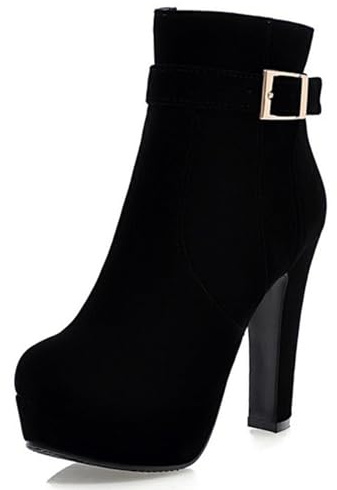 Botines de tacón Alto para Mujer con Plataforma y Hebilla en Gamuza sintética tacón Grueso Suela de Goma Cremallera Lateral Punta Redonda Botines Casuales y Elegantes,Negro,41 EU