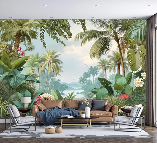 DACRWEKZ Carta Parati Fiori E Uccelli Di Palma 3D Effetto 200x140cm Carta da Parati Foresta Pluviale Tropicale Fotomurale Seta da Pranzo Corridoio Fotomurale da Parete