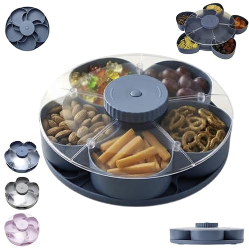 Genérico Bandeja De Servir Dividida Giratoria, Recipiente Giratorio para Aperitivos, Bandeja Giratoria para Aperitivos con Tapa, Charolas para Botana, para Verduras, Frutas, Salsas(A zul)
