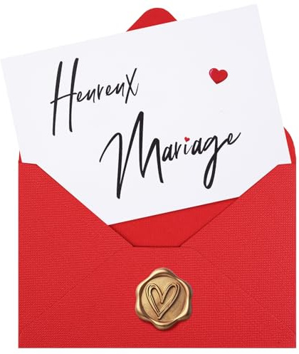 Carte Heureux Mariage avec Enveloppe en Lin et Cachet Cire, Cadeau Anniversaire, Fiançailles, Saint Valentin - Carte Simple 15 x 10.5 cm