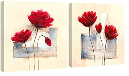 Wieco Art - Charming Spring Modern 2 Panels Stretched and Framed Giclee Canvas Prints Artwork Abstract Floral Oil Paintings Style Picture Photo on Canvas Wall Art for Bedroom Home Decorations 2pcs/set