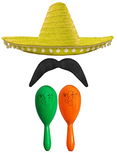 Mexikansk underbar klänning tillbehörsset – Mexikansk SOMBRERO med maracas och tvättning – (gul POM SOMBRERO + grön och orange maracas)