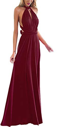 Elegant Neckholder A-Linie Chiffon Abendkleid Brautjungfernkleid Ballkleid Lang Weinrot XL