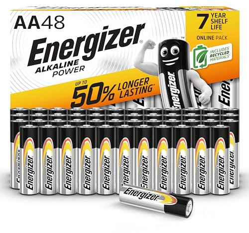Energizer Alkaline AA Batteries (48 Pack) - Alkaline 1.5V - Up To 50% Longer Lasting - Reliability For Everyday Devices - 0% Plastic Packaging - 7-Year Storage Amazon Exclusive (Packaging may vary)