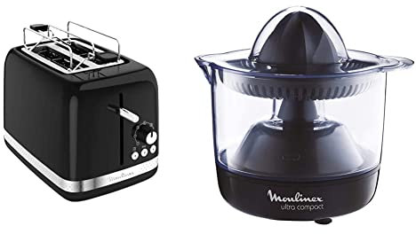 Moulinex Soleil Grille Pain 2 Fentes, 850 W, Thermostat 7 Positions, Rechauffage, Decongelation & Presse Agrumes Électrique Ultra Compact 25W Jus Orange Citron Pamplemousse Capacité 0,45L Noir