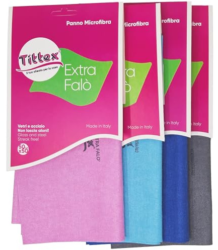 TITTEX - Panni Microfibra Vetri e Acciaio, Set 4, Pulizia Senza Aloni, Finestre, Specchi, TV, PC, Cucina, Bagno – Panni in Microfibra per Pulizia Casa, Lavabili, Resistenti. (50x50)