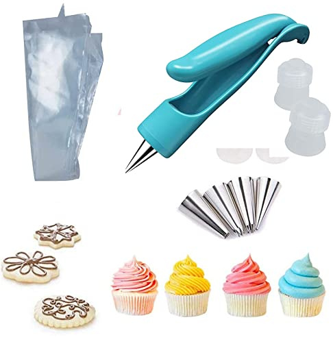 Pastry DIY Cake Decorating Pen, Xafissy Cake Decorating Pen Tool Kit Blue DIY Cake Decor Pen Supplies with 4 Different-Shaped Nibs, 4 Nozzles Decorative Bags and 2 Couplers