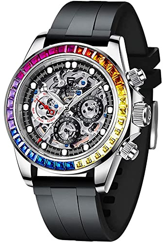 Pagani Design Men's Automatic Watches Diamond Rainbow Automatic Mechanical Waterproof Stainless Steel Chronograph Skeleton Men 40mm (QA1653 Tape Jewel Ring Silver Black)