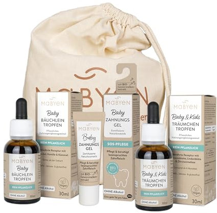 MABYEN Baby Wohlfühl Set | Naturkosmetik, zuckerfrei, ohne Alkohol, vegan, Baby-Pflege, Geschenkset | 3 Produkte + Stoffbeutel | 1x Zahnungsgel, 1x Bäuchleintropfen, 1x TräumchenTropfen
