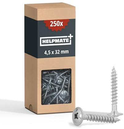 HELPMATE - Tornillos de conexión para madera (4,5 x 32 mm, galvanizados, 250 unidades, con accionamiento PZ2 y muesca de corte) - Para fijación de herrajes metálicos a madera