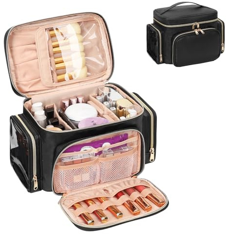 Bagmoly Large Makeup Bag, Portable Travel Makeup Bag Organizer for Women Girls with Makeup Brush Compartment & Two Side Pockets, Cosmetic Travel Bag Vertical Storage Toiletry Bag - Black