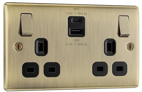 BG Electrical 45W Double Switched Power Wall Plug Socket with Super Fast Charge USB A and USB C Ports, Nexus Metal, Antique Brass, 13A, NAB22UAC45B
