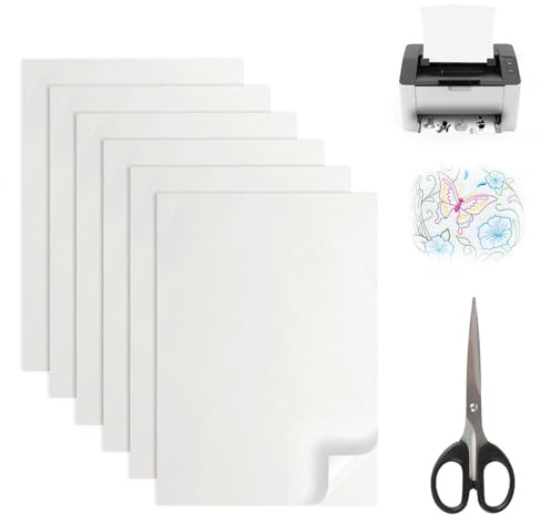 6 Sheets Water Soluble Embroidery Stabilizer, A4 Dissolvable Embroidery Paper 29.8 x 21cm, Print Stick Embroidery Paper with Scissors, Tear Away Machine Embroidery Stabilizer for Repairing Clothing