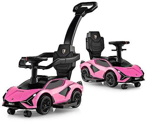 DREAMADE Porteur Enfant,Voiture à Pousser pour Bebe 18 à 60 Mois avec Barre de Poussée, Musique, Volants, Lumière, Charge Max. 25 KG (Lamborghini,Rose)