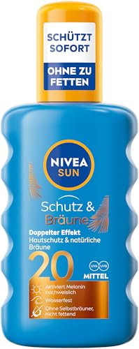 NIVEA Sun Schutz & Bräune Sonnenspray LSF 20, Sonnencreme mit Pro-Melanin-Extrakt für eine ebenmäßige Bräune, sofortiger Sonnenschutz mit UVA/UVB-Filtersystem (200 ml)