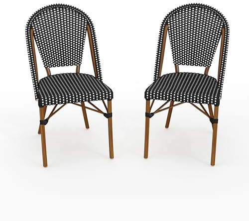 Martha Stewart Lily Pond Indoor-Outdoor Stackable Bistro Chairs with Natural Woodgrain Aluminum Frame Finish, Black/White Woven Rattan Backrests/Seats, Set of 2
