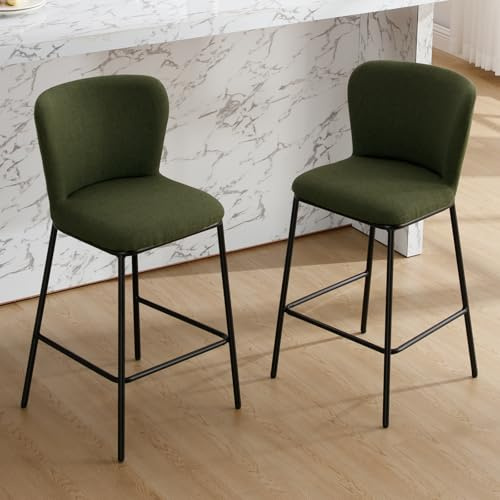 Ya-Home Juego de 2 Taburetes Altos de Cocina Patas de Metal para Bar,Verde | Silla Alta de Lino, Base de Metal, Cojin Comodo, Moderno, para Isla Cocina/Bar,MAX 113KG