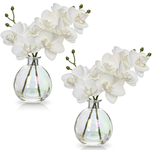 Hollyone 2 flores artificiales de orquídea blanca en jarrón, pequeña planta de orquídea falsa con jarrón de cristal, decoración de boda, centro de mesa, decoración del hogar, sala de estar, decoración