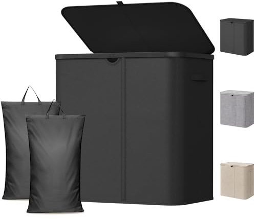 Lifewit Cesto Biancheria Sporca 2 Scomparti, Cesta Panni Sporchi con Sacchi Lavabili, Cesto Portabiancheria, Laundry Basket per Bagno, Camera da Letto e Lavanderia, 145 L, Nero