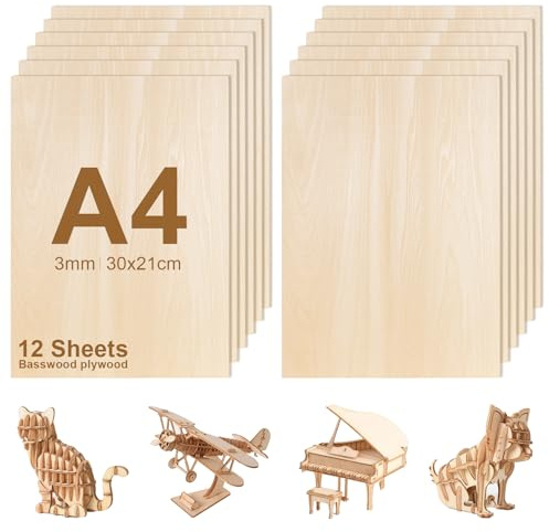 FoiiLiio 12 piezas Madera Contrachapada 3mm, A4 Tablero Contrachapado 30 x 21 cm, Sin Terminar Tablero Madera para Manualidades Decoración, Proyectos de Láser, Pintura, Modelado