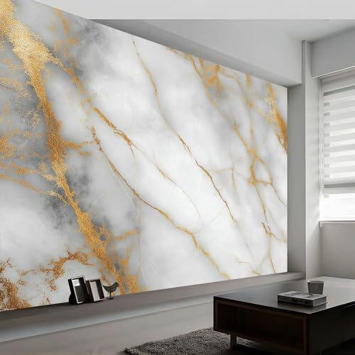 Générique Papier Peint Panoramique Luxe Élégant Papier Peint Intissé 250 x 175 cm, pour Mur Salon Cuisine Bain Couloir Salle à Mange Texture Dorée Marbre