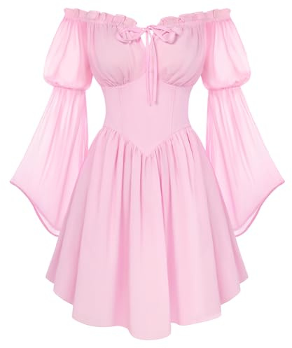 SCARLET DARKNESS Vestido de corsé renacentista para mujer, de verano, con hombros descubiertos, minivestidos de gasa de manga larga con vuelo